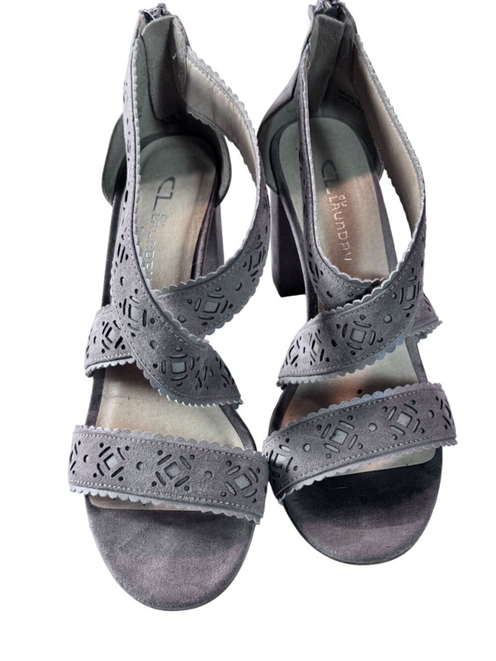 CL Laundry Grey Faux Suede Laser Cut Block Heel Sandals Women's Size 9M
